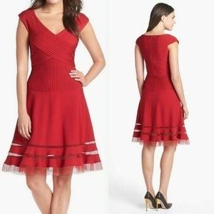 Tadashi Shoji Small Pintuck‎ Jersey Portrait Red Dress